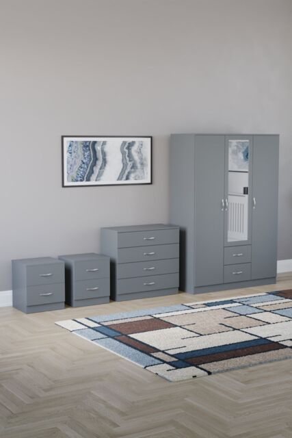 Home Discount Vida Designs 4Pc Bedroom Set 2x2Bedside, 4 Drawer, 3Dr Mirror Wardrobe in Grey - image 1