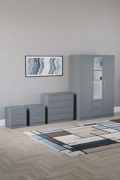 Home Discount Vida Designs 4Pc Bedroom Set 2x2Bedside, 4 Drawer, 3Dr Mirror Wardrobe in Grey - thumbnail 1