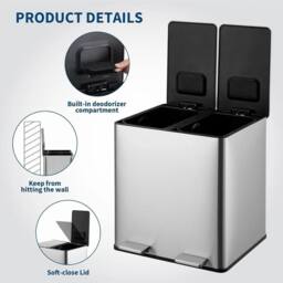 VOGREX Dual Trash Can 2x4gal/2x15L Stainless Steel Step in Metallic Silver - Size: Medium - thumbnail 4