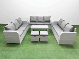Fimous PE Rattan Lounge Sofa Set 11 Seater Outdoor Garden Furniture Set with Oblong Coffee Table 3 Seater Sofa 2 Stools Side Table Light Grey - thumbnail 2