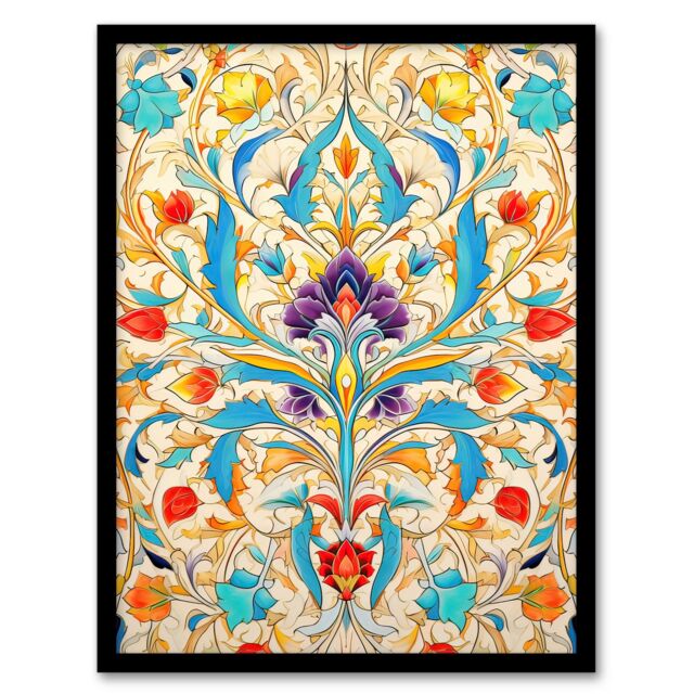 Artery8 Wall Art Print Vibrant Arabesque Flower Design Purple Orange Blue Ornate Symmetrical Floral Pattern Artwork Framed - Size: A4 - image 1