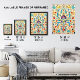 Artery8 Wall Art Print Vibrant Arabesque Flower Design Purple Orange Blue Ornate Symmetrical Floral Pattern Artwork Framed - Size: A4 - thumbnail 3