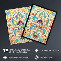 Artery8 Wall Art Print Vibrant Arabesque Flower Design Purple Orange Blue Ornate Symmetrical Floral Pattern Artwork Framed - Size: A4 - thumbnail 2