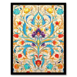 Artery8 Wall Art Print Vibrant Arabesque Flower Design Purple Orange Blue Ornate Symmetrical Floral Pattern Artwork Framed - Size: A4 - thumbnail 1