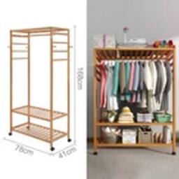 EONLION Heavy Duty Wooden Clothes Rail Garment Hanging Corner Wardrobe in Natural - thumbnail 2