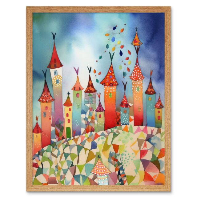 "Artery8 Wall Art Print Celebration Day Cityscape Processional Street Folk Art Watercolour Painting Art Framed in Light Oak - Size: W12"" x H16""" - image 1