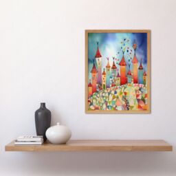"Artery8 Wall Art Print Celebration Day Cityscape Processional Street Folk Art Watercolour Painting Art Framed in Light Oak - Size: W12"" x H16""" - thumbnail 2