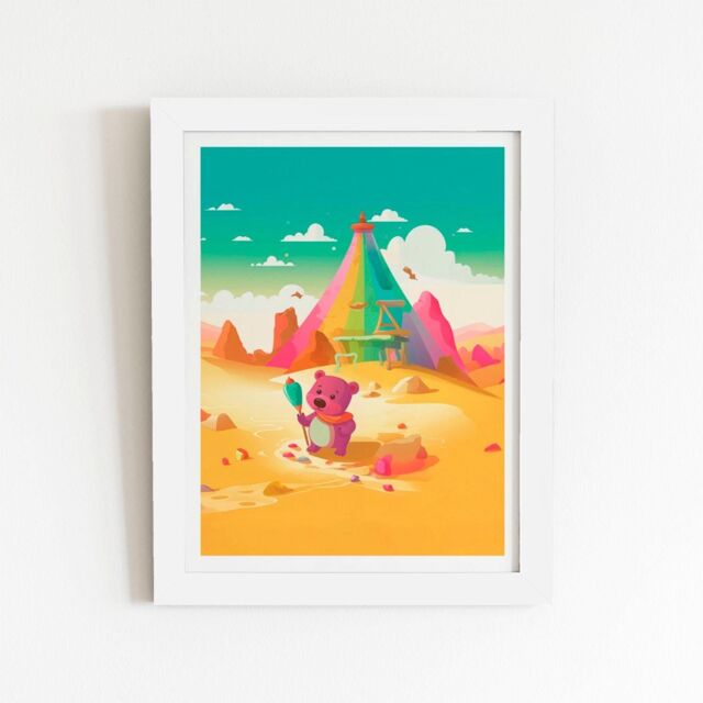 "Warren Reed - Designer Purple Bear On A Beach Holiday Framed Art Print in White - Size: W12"" x H16""" - image 1