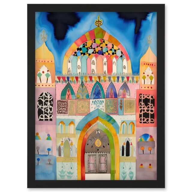 Artery8 Jewish Synagogue Decorated Facade Folk Art Watercolour Painting Artwork Framed Wall Art Print A4 in Black - image 1