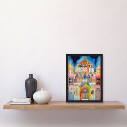 Artery8 Jewish Synagogue Decorated Facade Folk Art Watercolour Painting Artwork Framed Wall Art Print A4 in Black - thumbnail 2