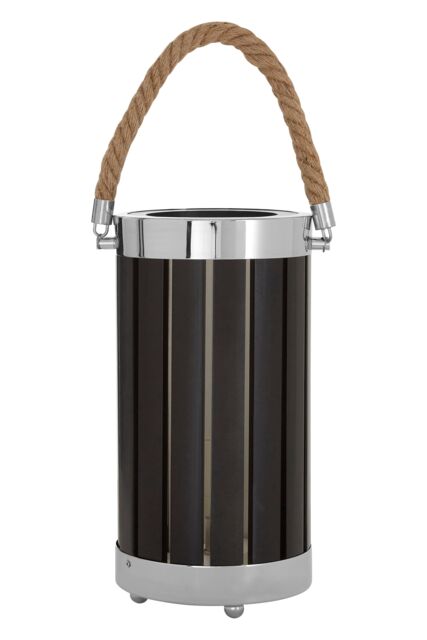Orsina White Slatted Lamp Holder With Nautical Rope Detail, Chrome-Trimmed Cylindrical Lamp, Stylish Small Lamp in Black - image 1