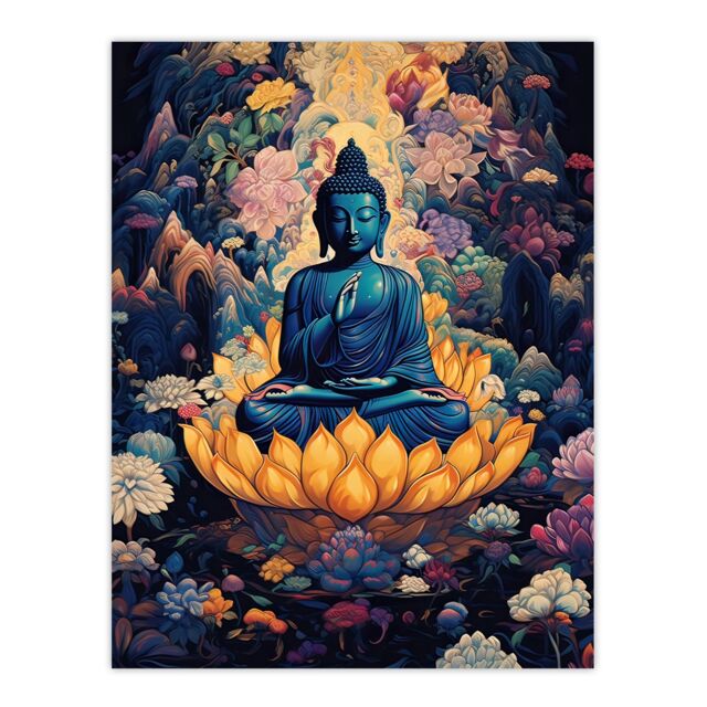 "Artery8 Wall Art Print Buddha in Lotus Flower Nirvana Concept Art Blue Orange Pink Floral Psychedelic Painting Poster - Size: W18"" x H24""" - image 1