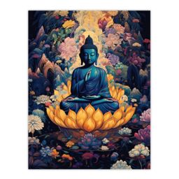 "Artery8 Wall Art Print Buddha in Lotus Flower Nirvana Concept Art Blue Orange Pink Floral Psychedelic Painting Poster - Size: W18"" x H24""" - thumbnail 1
