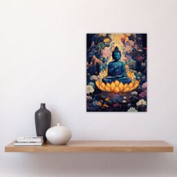 "Artery8 Wall Art Print Buddha in Lotus Flower Nirvana Concept Art Blue Orange Pink Floral Psychedelic Painting Poster - Size: W18"" x H24""" - thumbnail 4