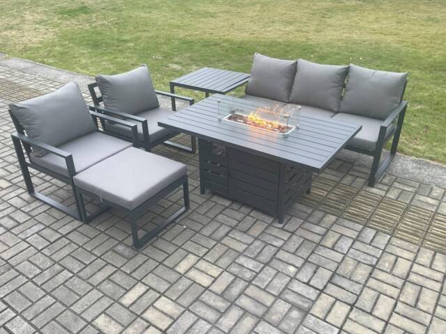 Fimous Aluminium Outdoor Garden Furniture Set Gas Fire Pit Dining Table Set Gas Heater Burner with 2 Arm Chair Side Table Big Footstool in Dark Grey - image 1