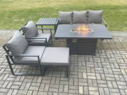 Fimous Aluminium Outdoor Garden Furniture Set Gas Fire Pit Dining Table Set Gas Heater Burner with 2 Arm Chair Side Table Big Footstool in Dark Grey - thumbnail 2