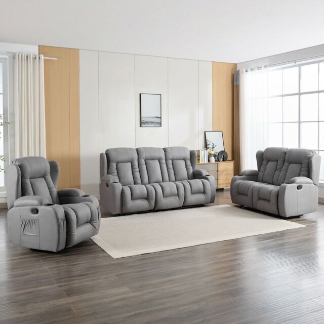 More4Homes Caesar 1+2+3 Seater Grey Technology Fabric Modern Manual Recliner Sofa Set - image 1