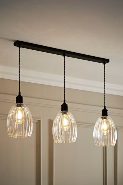 ValueLights Cheltenham Clear Ribbed Glass Dome 3 Drop Bar Diner Ceiling Light in Black - image 1