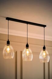 ValueLights Cheltenham Clear Ribbed Glass Dome 3 Drop Bar Diner Ceiling Light in Black - thumbnail 2