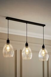 ValueLights Cheltenham Clear Ribbed Glass Dome 3 Drop Bar Diner Ceiling Light in Black - thumbnail 1
