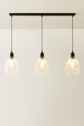 ValueLights Cheltenham Clear Ribbed Glass Dome 3 Drop Bar Diner Ceiling Light in Black - thumbnail 3