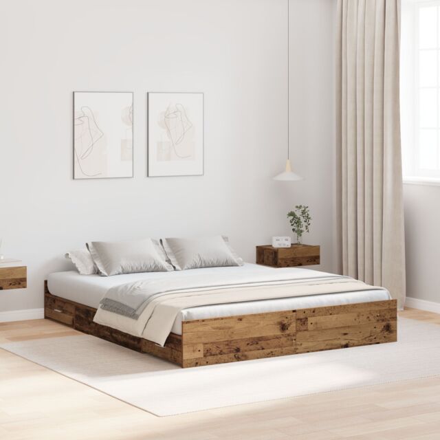 Berkfield Home Storage Bed Frame Old wood 135 x 190 cm Particle board in Brown - image 1