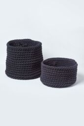 Homescapes Cotton Knitted Round Storage Basket, 37 x 21 cm in Black - Size: Small - thumbnail 5
