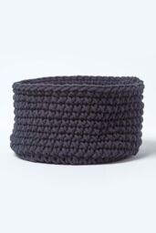 Homescapes Cotton Knitted Round Storage Basket, 37 x 21 cm in Black - Size: Small - thumbnail 1