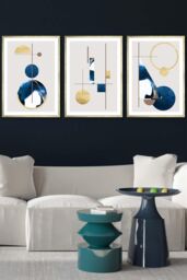 ARTZE Abstract Textured Geometric Art in Navy Blue & Gold Framed Wall Art - Large in Metallic Gold - Size: W53 cm x H73 cm x D20mm - thumbnail 1