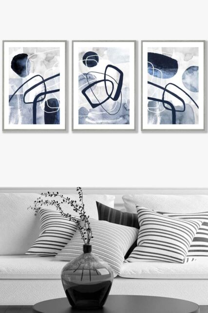 ARTZE Set of 3 Light Grey Framed Abstract Navy Blue Watercolour Shapes Wall Art - Size: W33 cm x H45 cm x D20mm - image 1