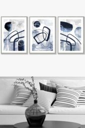 ARTZE Set of 3 Light Grey Framed Abstract Navy Blue Watercolour Shapes Wall Art - Size: W33 cm x H45 cm x D20mm - thumbnail 1
