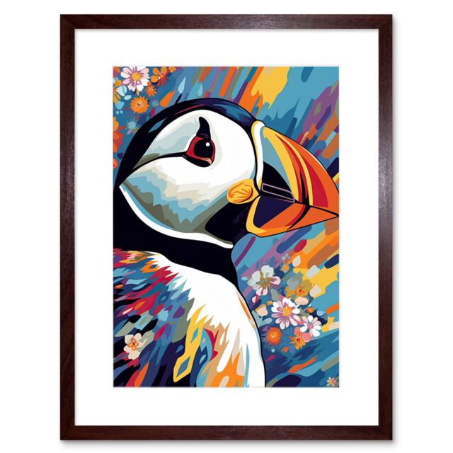 "Artery8 Wall Art Print Puffin & Flowers Acrylic Paint Vibrant Colour Brushes Psychedelic Sea Bird Artwork Framed 9X7 Inch in Brown - Size: W7"" x H9""" - image 1