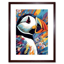 "Artery8 Wall Art Print Puffin & Flowers Acrylic Paint Vibrant Colour Brushes Psychedelic Sea Bird Artwork Framed 9X7 Inch in Brown - Size: W7"" x H9""" - thumbnail 1