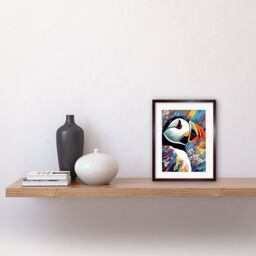 "Artery8 Wall Art Print Puffin & Flowers Acrylic Paint Vibrant Colour Brushes Psychedelic Sea Bird Artwork Framed 9X7 Inch in Brown - Size: W7"" x H9""" - thumbnail 2