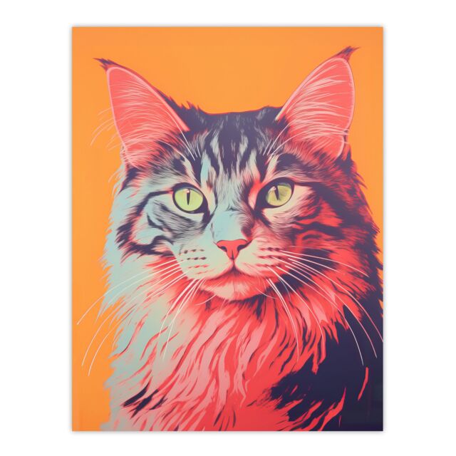 "Artery8 Wall Art Print Maine Coon Cat Screen Risograph Artwork Spot Block Colour Duotone Retro Riso Interior Design Poster - Size: W12"" x H16""" - image 1