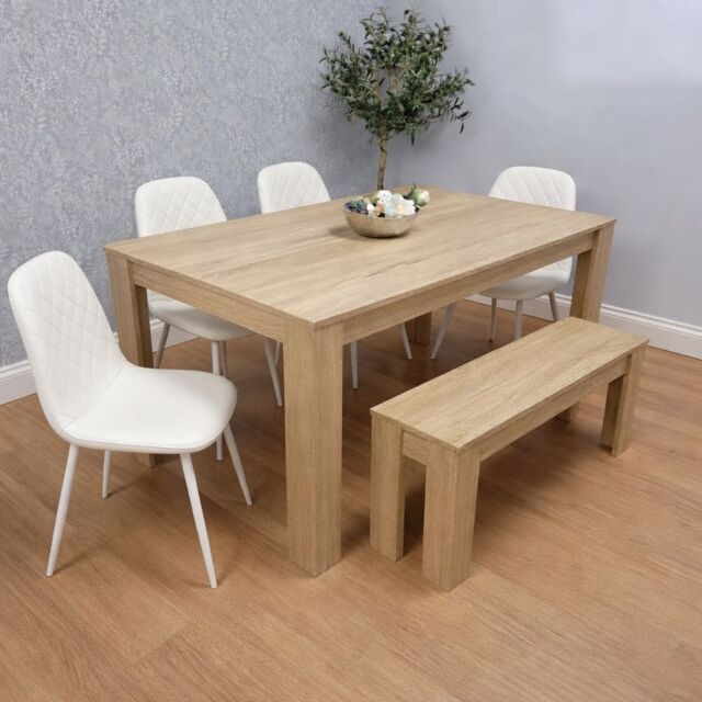 KOSY KOALA Dining Table Set Oak Effect Table With 4 White Chairs & Bench Dining Room Furniture in Brown - image 1
