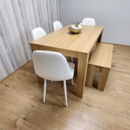 KOSY KOALA Dining Table Set Oak Effect Table With 4 White Chairs & Bench Dining Room Furniture in Brown - thumbnail 8