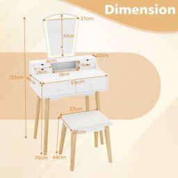 Gymax Mirror Dressing Table & Chair Set Vanity Desk With Lights 6 Drawers in White - thumbnail 4