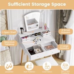 Gymax Mirror Dressing Table & Chair Set Vanity Desk With Lights 6 Drawers in White - thumbnail 3