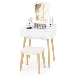Gymax Mirror Dressing Table & Chair Set Vanity Desk With Lights 6 Drawers in White