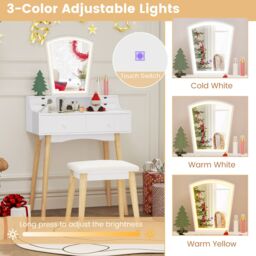 Gymax Mirror Dressing Table & Chair Set Vanity Desk With Lights 6 Drawers in White - thumbnail 2