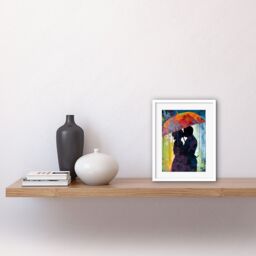 "Artery8 Wall Art Print Silhouette of a Couple Kissing Under an Umbrella Artwork Framed 9X7 Inch in White - Size: W7"" x H9""" - thumbnail 2