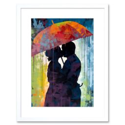 "Artery8 Wall Art Print Silhouette of a Couple Kissing Under an Umbrella Artwork Framed 9X7 Inch in White - Size: W7"" x H9""" - thumbnail 1