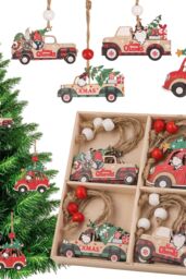 Neel Blue Car Design Wooden Christmas Tree Ornaments - 12pcs