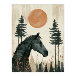 "Artery8 Wall Art Print Horse & Pine Trees Simple Boho Style Painting Poster in Green - Size: W12"" x H16""" - thumbnail 1