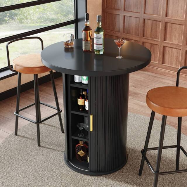 BTM Round Bar Table Storage Cabinet Standing Table for Living Room in Black - image 1