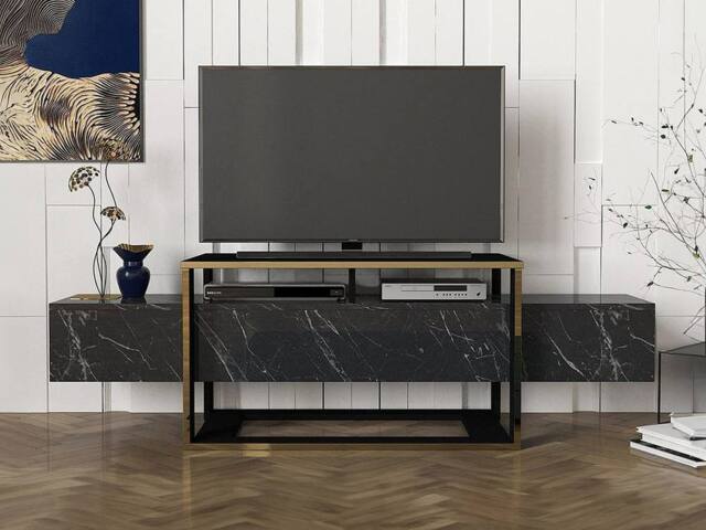 Vente-unique 2-Compartment TV Unit - Black & Gold Marble Effect - COMEBI II - image 1
