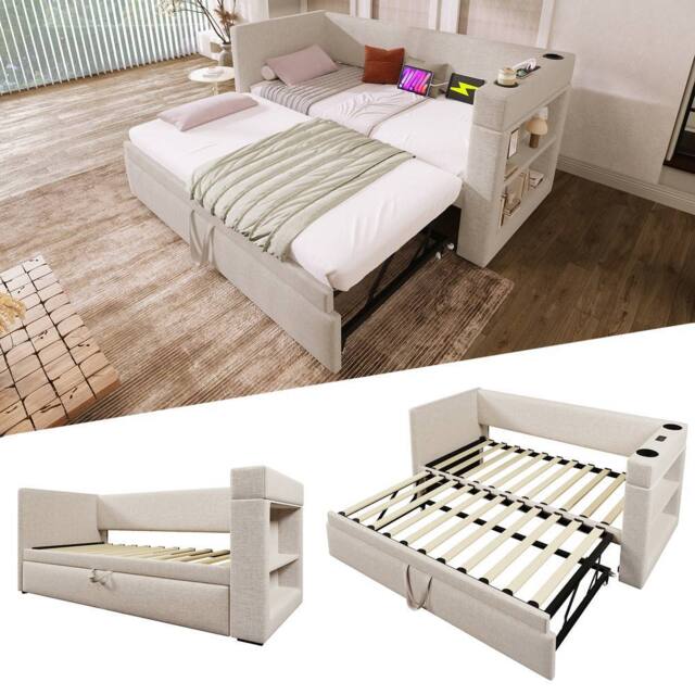 ModernLuxe Upholstered daybed sofa bed with storage & pull-out trundle in Beige - Size: Single - image 1