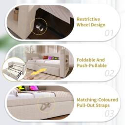 ModernLuxe Upholstered daybed sofa bed with storage & pull-out trundle in Beige - Size: Single - thumbnail 6