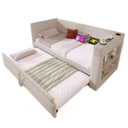 ModernLuxe Upholstered daybed sofa bed with storage & pull-out trundle in Beige - Size: Single - thumbnail 8